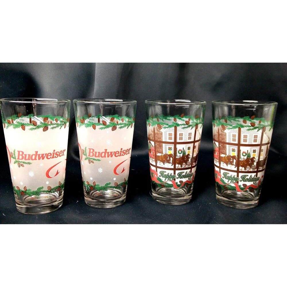 Vintage Budweiser Happy Holidays Clydesdale pint beer glass Set of 4